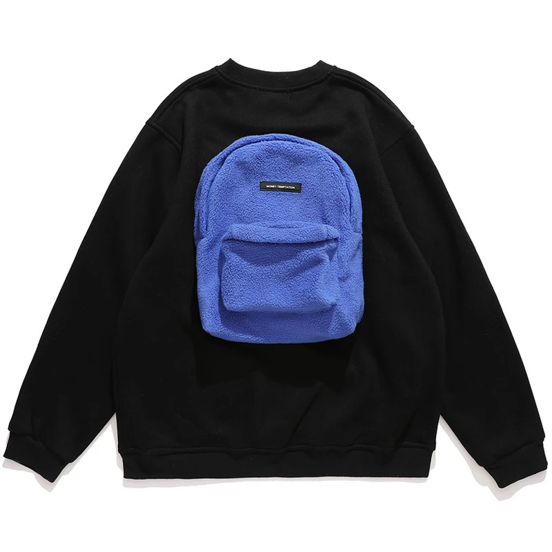 

Mens Harajuku Fleece Sweatshirts Unisex 2021 Winter Oversized Couple With Bags Hooded Casual Loose Retro Black Pullover Tops