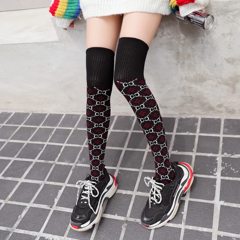 Autumn Winter Stocking Women With Web Celebrity Style Popular Logo Stockings High Leg Cotton Letters Ladies Over Knee | Женская одежда