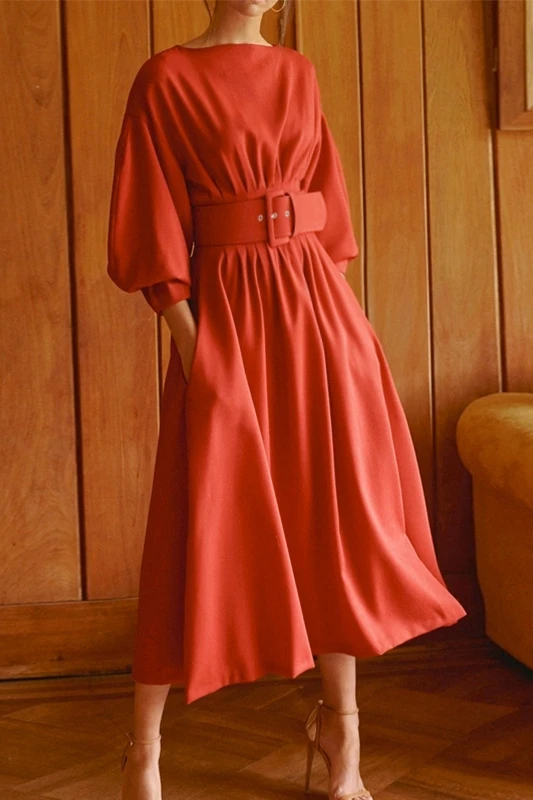 

DEAT Spring and summer new waist folded red show thin seven point Lantern Sleeve high waist dress pullover vestido tide WR30303L