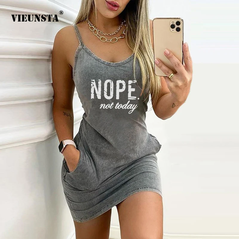 

FAKUNTN Sexy Sleeveless Letter Pattern Print Summer Dress Elegant Straps O Neck Backless Party Dress Women Casual Pocket Mini