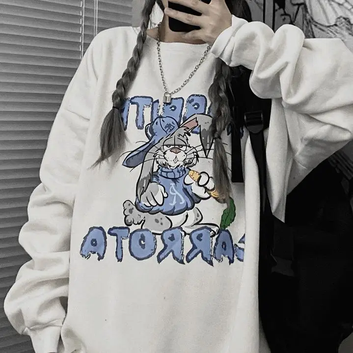 

Harajuku Women'S Sweater Pullover Japanese Cartoon Rabbit Print Lazy Style Loose Large Size Casual Pullover Ladies Sweater