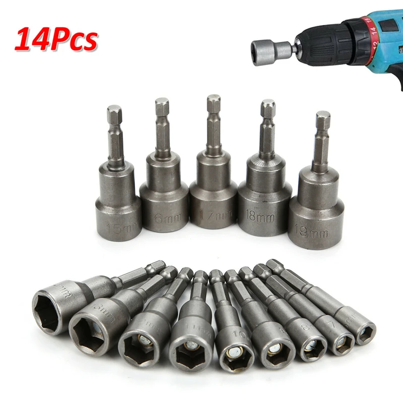 

14pcs Magnetic Impact Nut Driver Socket Set Metric 6 To 19mm Grade Setters 1/4 Inch Hex Sleeve Nozzles Shank Drill Bit Adapter