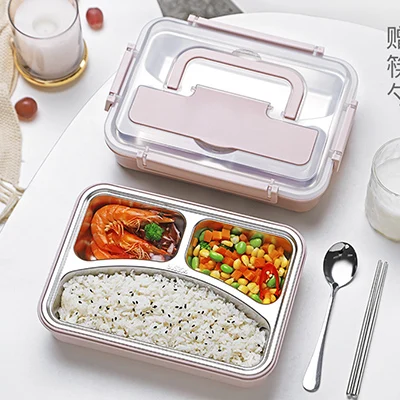 Ланч-бокс 304 из нержавеющей стали для детей и взрослых Bento Boxs герметичный японский контейнер для продуктов портативное хранение для пикника 1.2L - Цвет: Pink 3 Grid