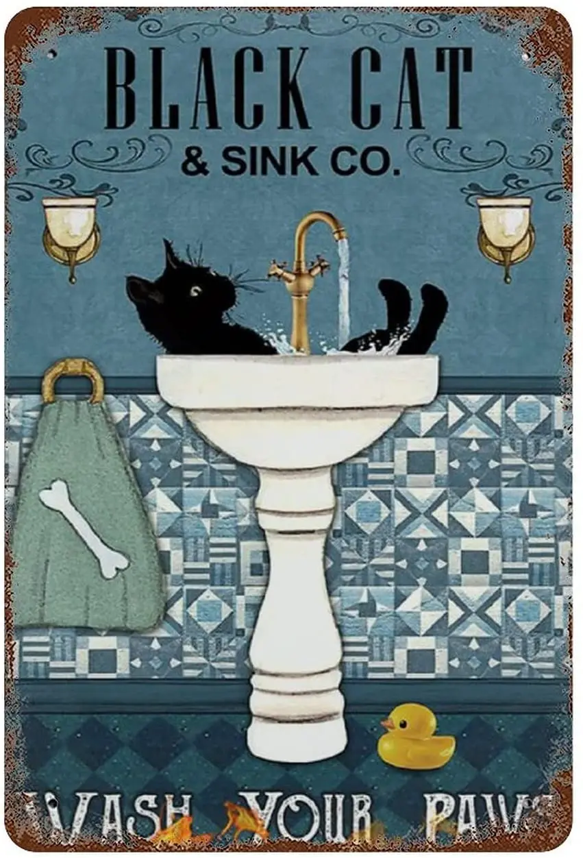 

Larkverk Black Cat Wash Your Paws Retro Tin Sign Vintage Bathroom Metal Sign for Home Bar Office Wall Decor Shop Mural Sign