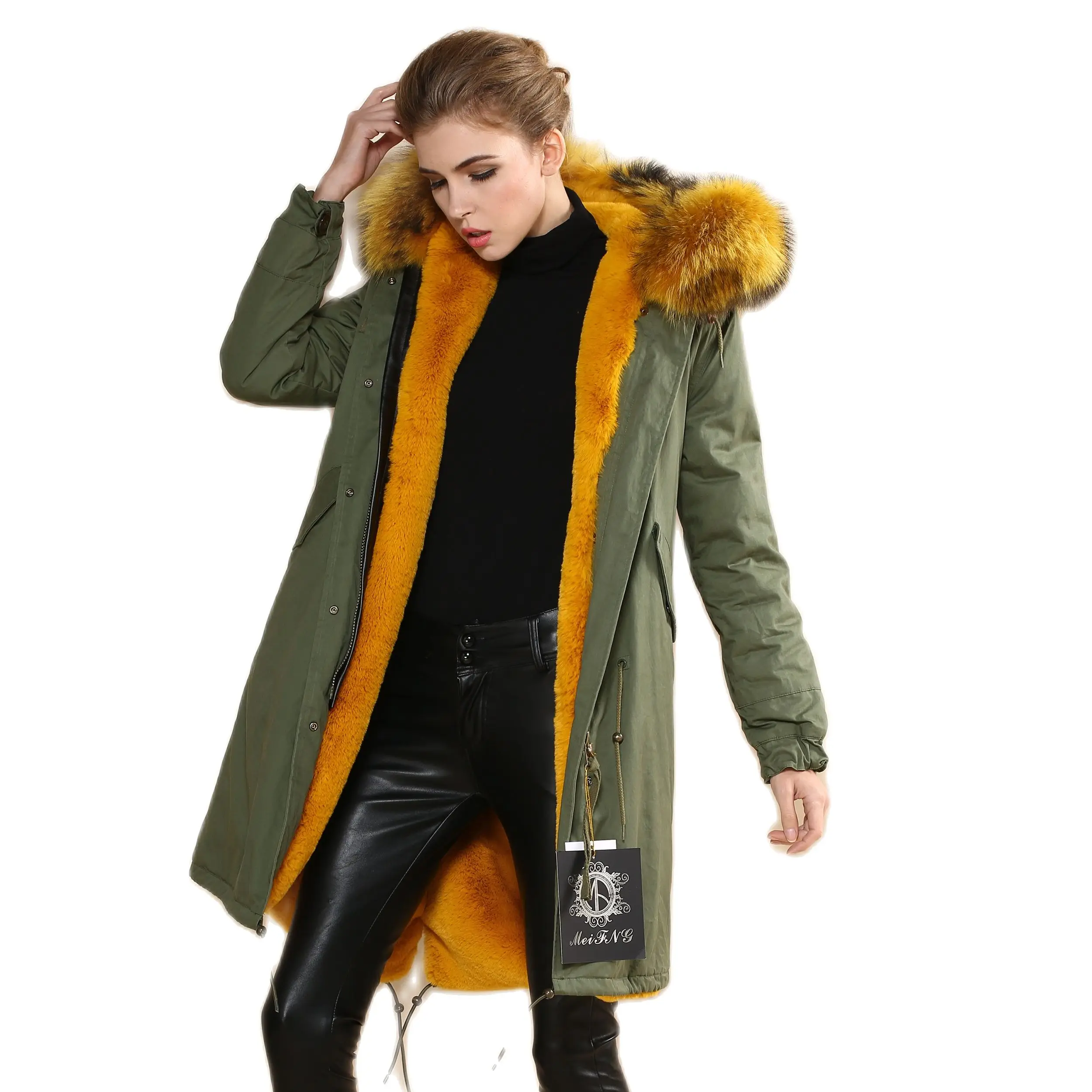 Оптовая продажа, Женская парка с подкладкой из имбирного меха, куртка из синтетического меха, Длинная женская одежда