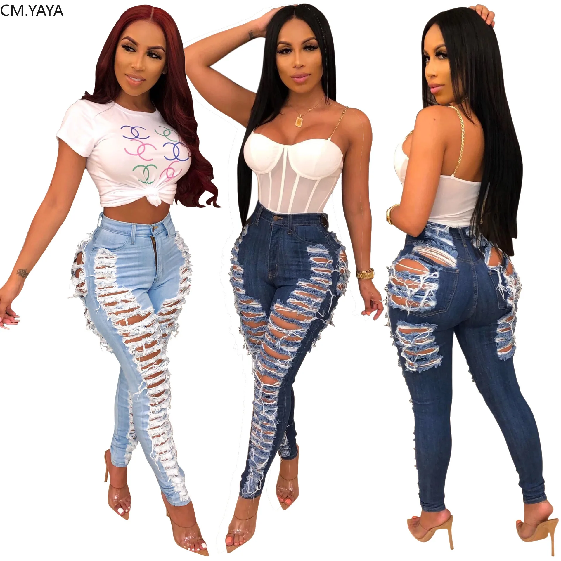 

CM.YAYA Denim Pants Women Retro Solid Sexy Hole Hollow Out Jeans Ripped Flare Trousers Street Skinny High Waist Lady Pant