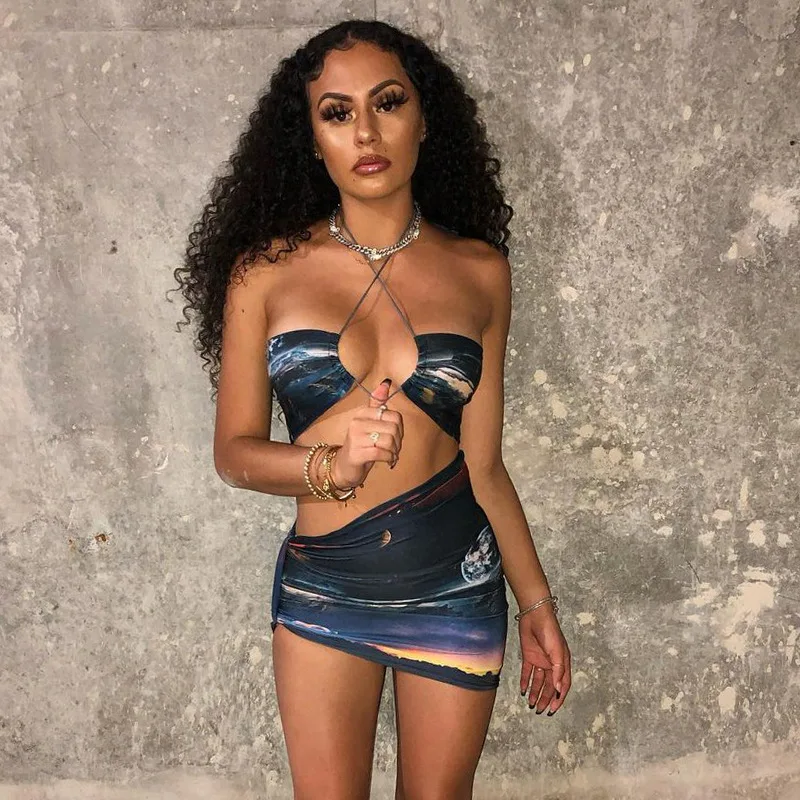 

Woman Two Piece Boho Outfit Suits Camisole Top Tanks and Midi Skirts Matching Sets Vacation Outfits Skirt Bikini 2021 Womens