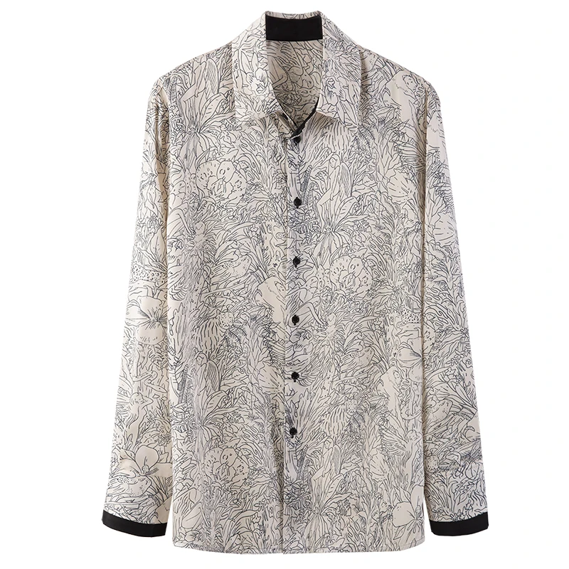 

[DEAT] Lapel Print Long Sleeve Shirt Women Cuffs Contrast Stitching Single Row Multi Button Top 2021 Spring And Summer GX982