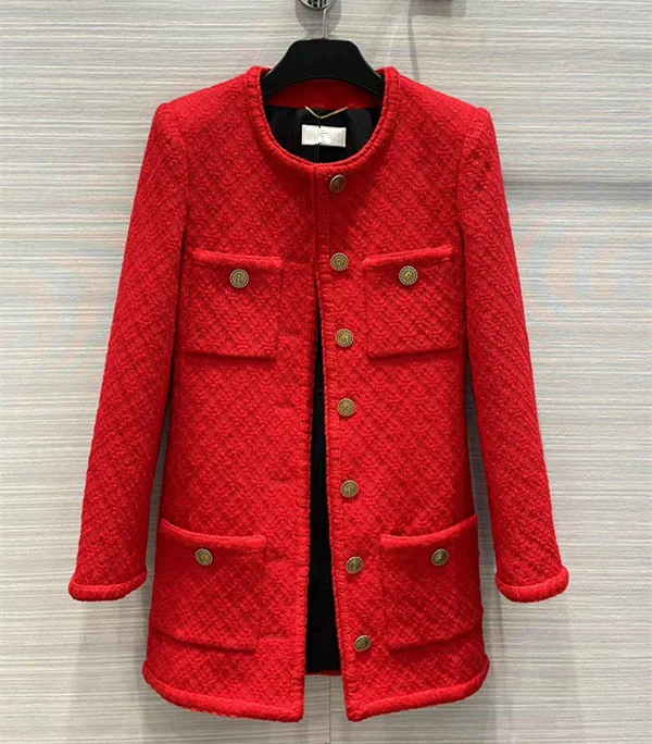 

European and American women's clothing winter 2022 new Long sleeve single breasted button Fashion bag Red and black tweed coat