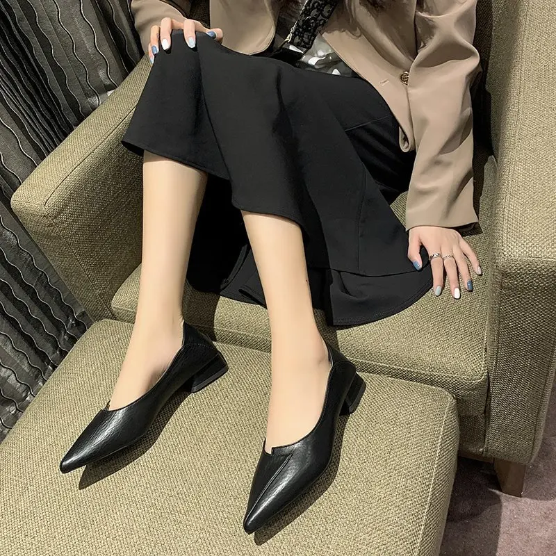 

New fashion two wear high heels shallow mouth single shoes pointed toe thick heel simple pu women's high heels zapatos de mujer