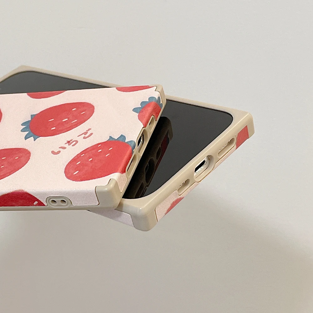

Square Simple Imitation leather Phone Cases For iPhone 11 12 Pro Max XR XS X 7 8 Plus 12 Flank Spray print Strawberry Cherries