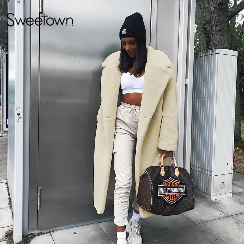 Sweetown/осенне-зимнее пальто для женщин,, повседневное, свободное, однотонное, длинное, плюшевое пальто, женские винтажные, большие размеры, толстые, искусственные меховые куртки