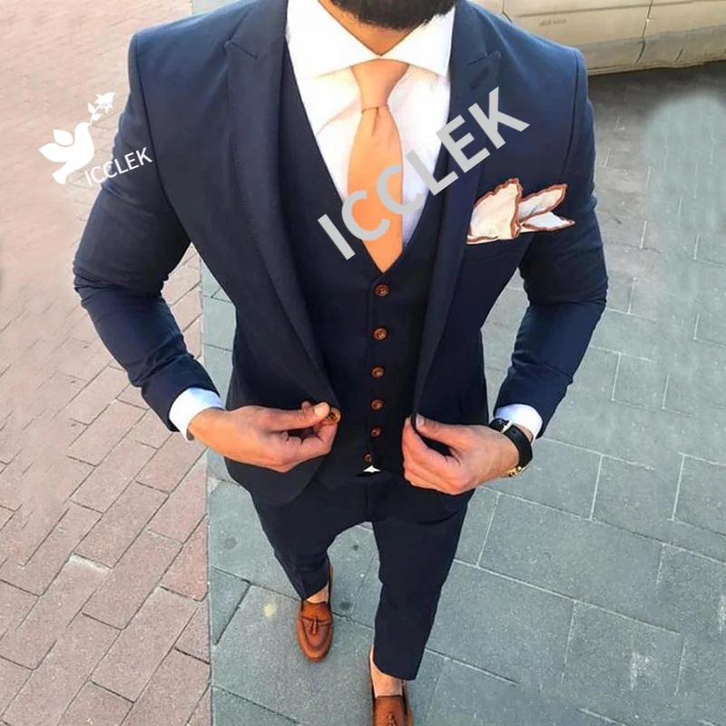 

Navy Blue Casual Men Suits Slim Fit Wedding Tuxedos Groom Wear 3PCS Jacket Pants Vest Bridegroom Business Suits Costume Homme