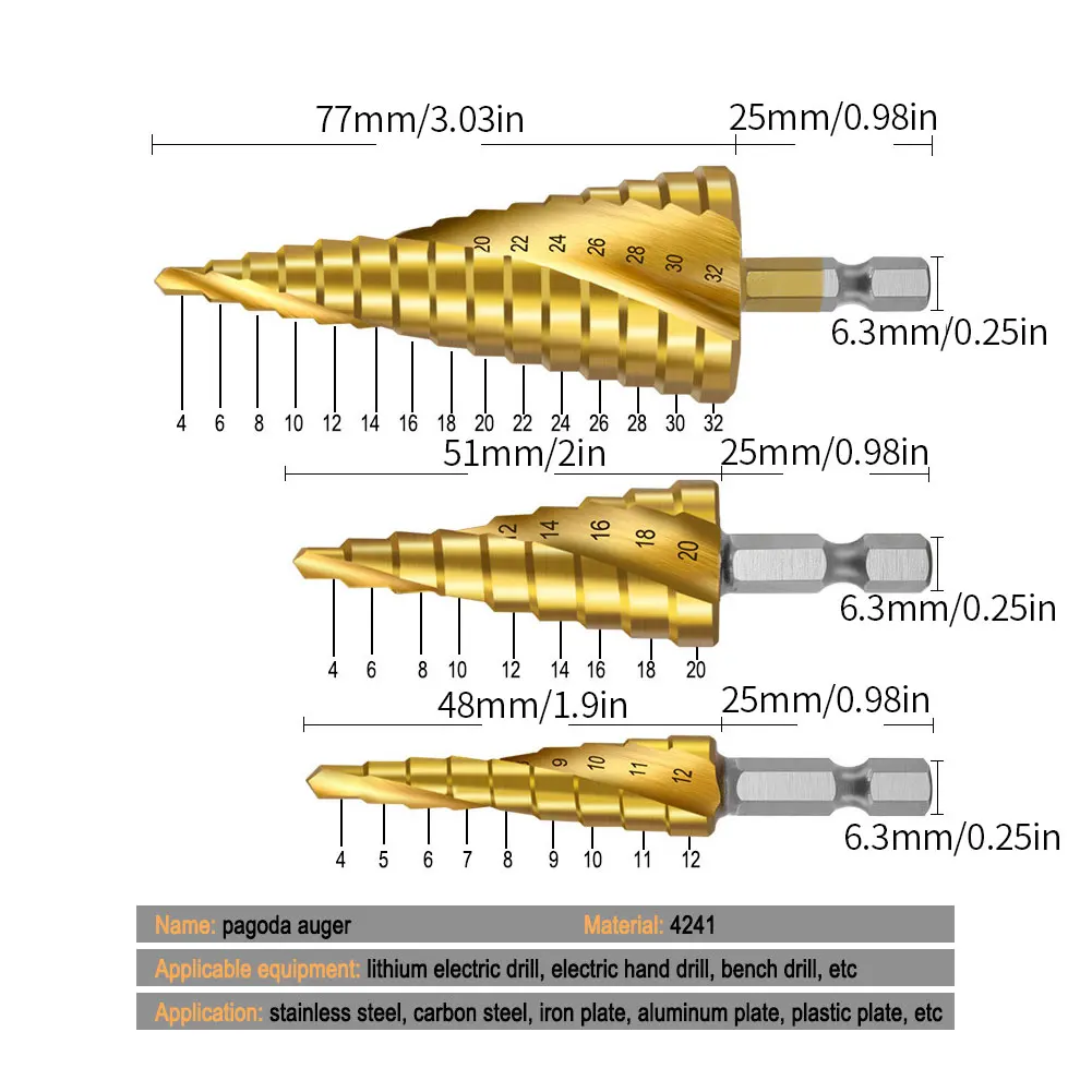 

Titanium Step Drill 4-12/20/32mm Spiral Grooved Center Drill Bit Set Metal Plate Hole Drilling Cone Bit With Hex Shank 4PCS