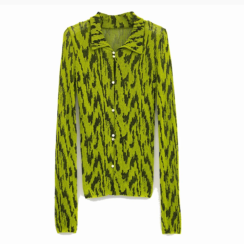 

GALCAUR Print Hit Color T Shirt For Women Lapel Collar Long Sleeve Slim Striped T Shirts Female Fashion Clothing 2021 Summer New