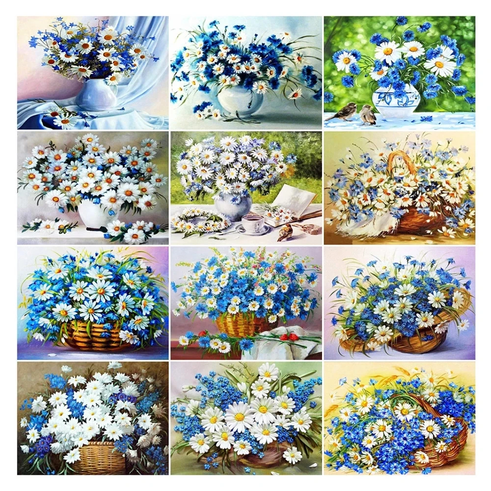

Full Square/round Diamond Painting White Blue Daisy Handmade Gift Beads Embroidery Flower Wall Art Canvas Poster for Home Decor