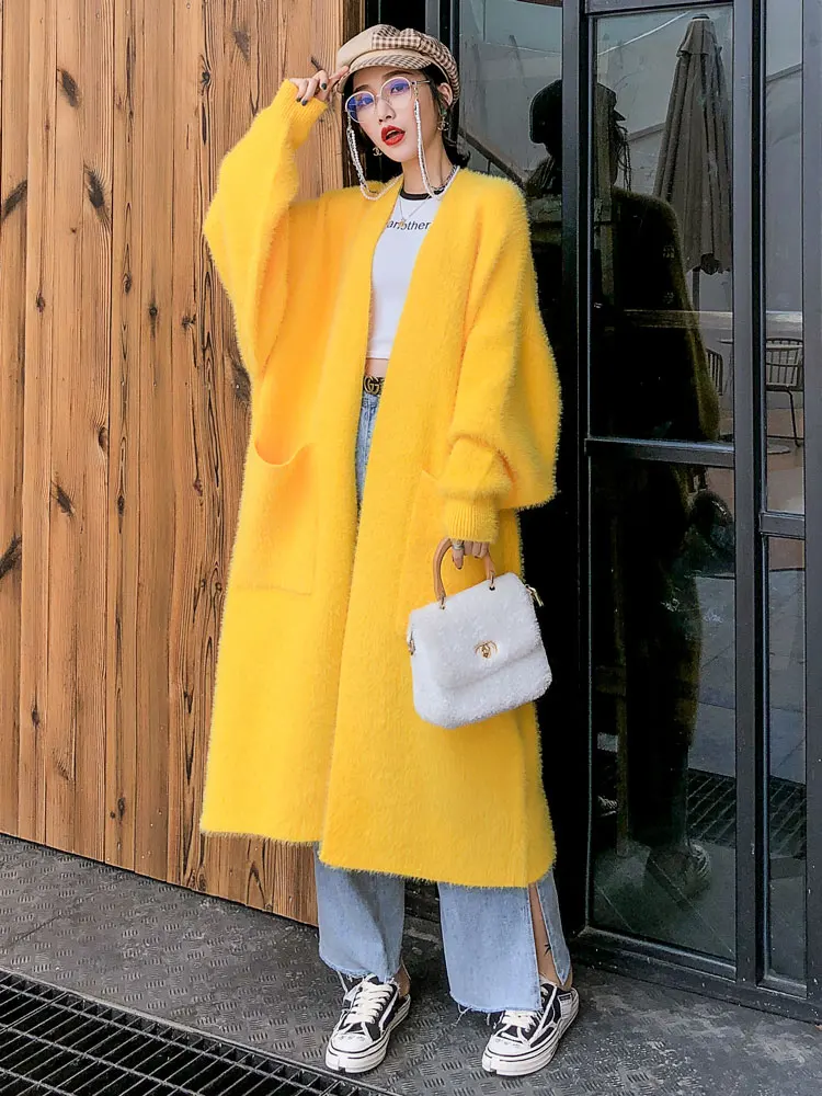 

Women yellow Color New 2021 Long Batwing Sleeve Knit Pullover Sweaters Oversized Loose Fit sweater coats