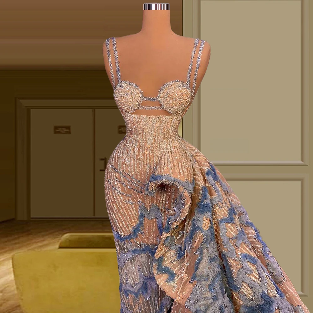 

Glitter Dubai Formal Dress Sexy Double Straps robe de soire de mariage femme Asymmetry Skirt