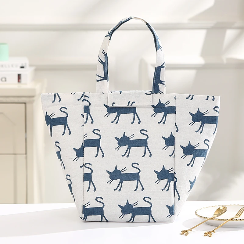 

QQD Cute Cat Lunch Bag Food Insulated Women Hand Pack Waterproof Thermal Portable Cooler Bag Picnic Travel Breakfast Kid Bag Box