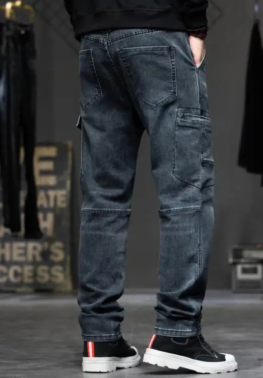 High Waist Jeans Men Stretched Loose Straight Tall Man Denim Trousers Elastic Jeans  Straight Loose Pants