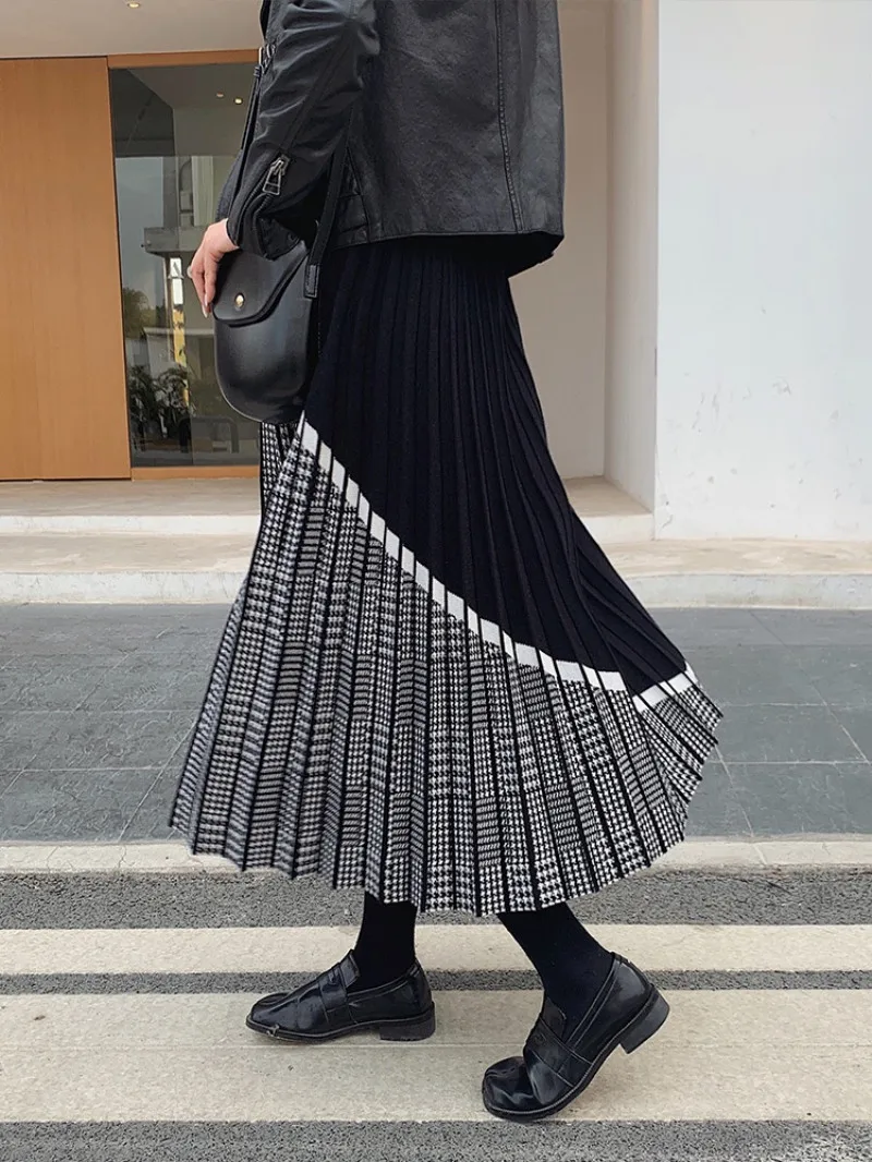 

Female Waist Knitted Midi High Warm ZAWFL Fashion Winter Black Skirts Houndstooth Pleated Skirt Thick Women's Women's Fashion H