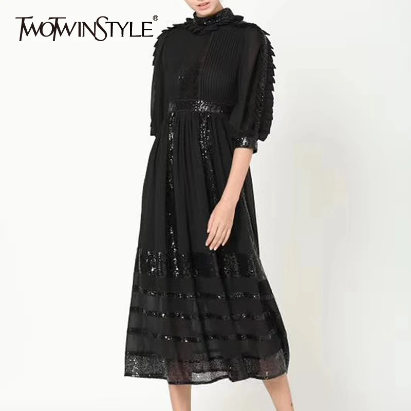 Платье с оборками TWOTWINSTYLE осеннее платье блестками и круглым вырезом рукав три