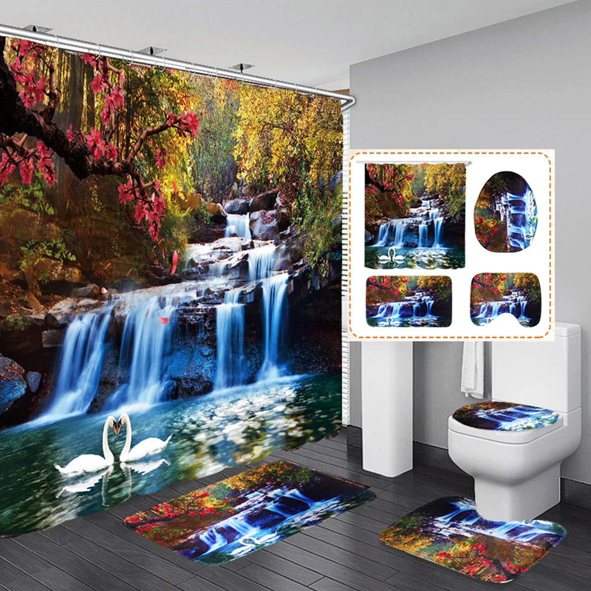 Beste Coastal Strand Landschap Gedrukt Patroon Douchegordijn Voetstuk Tapijt Deksel Wc Cover Mat Badmat Set Badkamer Gordijnen Met Haken