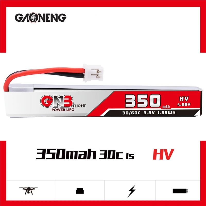 

GAONENG 1S 3.8V 4.35V HV Lipo battery 350mAh 30C/60C with PH2.0 Plug for BetaFPV 65S UK65 Blade Inductrix UR65 Tiny Whoop Drone