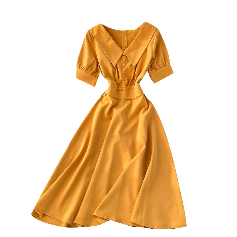 

Korean elegant buttoned lapel long dress summer solid color vintage dress for womens puff short sleeve A-line dress vestidos