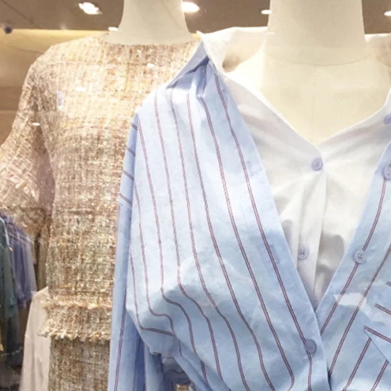 

SHENGPALAE Striped Patchwork Blouse Women's Spring 2021 New Trun-down Collar Single Breasted Loose Long Sleeve Shirt Tops 5B146