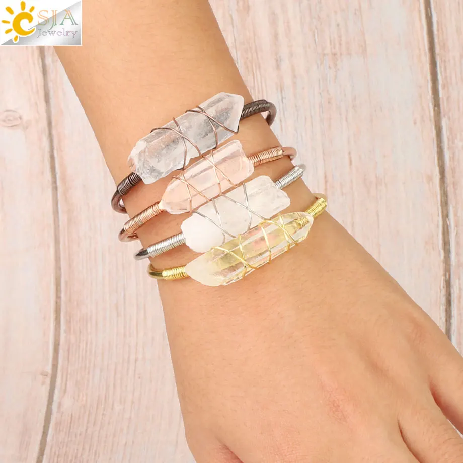 CSJA натуральный камень прозрачные кварцевые браслеты открытые манжеты