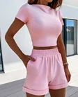 Женский комплект из 2-х предметов VS  LLWQ, летний Повседневный укороченный топ с круглым вырезом, женская одежда 2020, спортивный костюм с карманами и свободными шортами, комплект из двух предметов