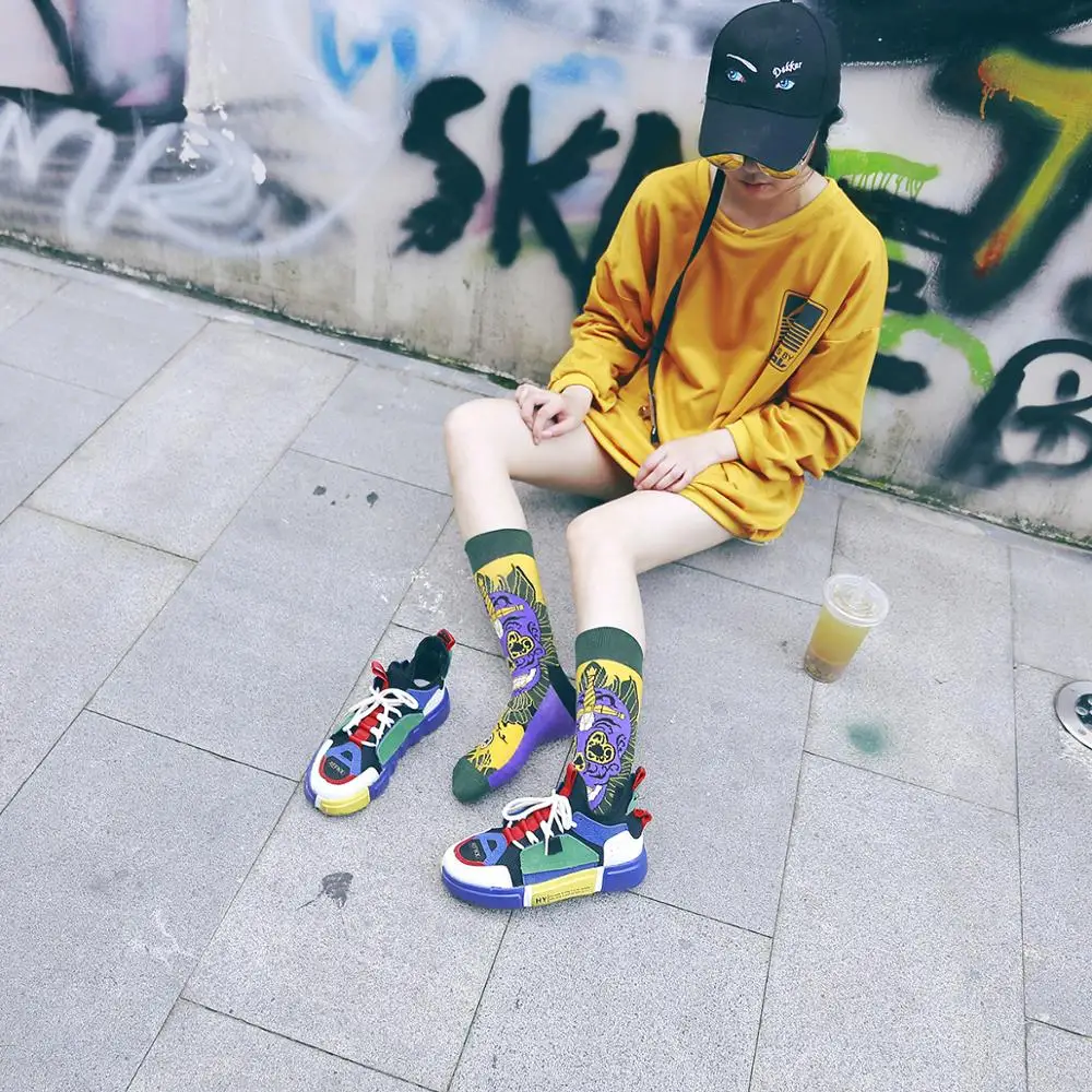 Harajuku happy women funny combed cotton casual Fashion colorful ghost bat pattern Men Long skateboard Unisex Christmas Socks