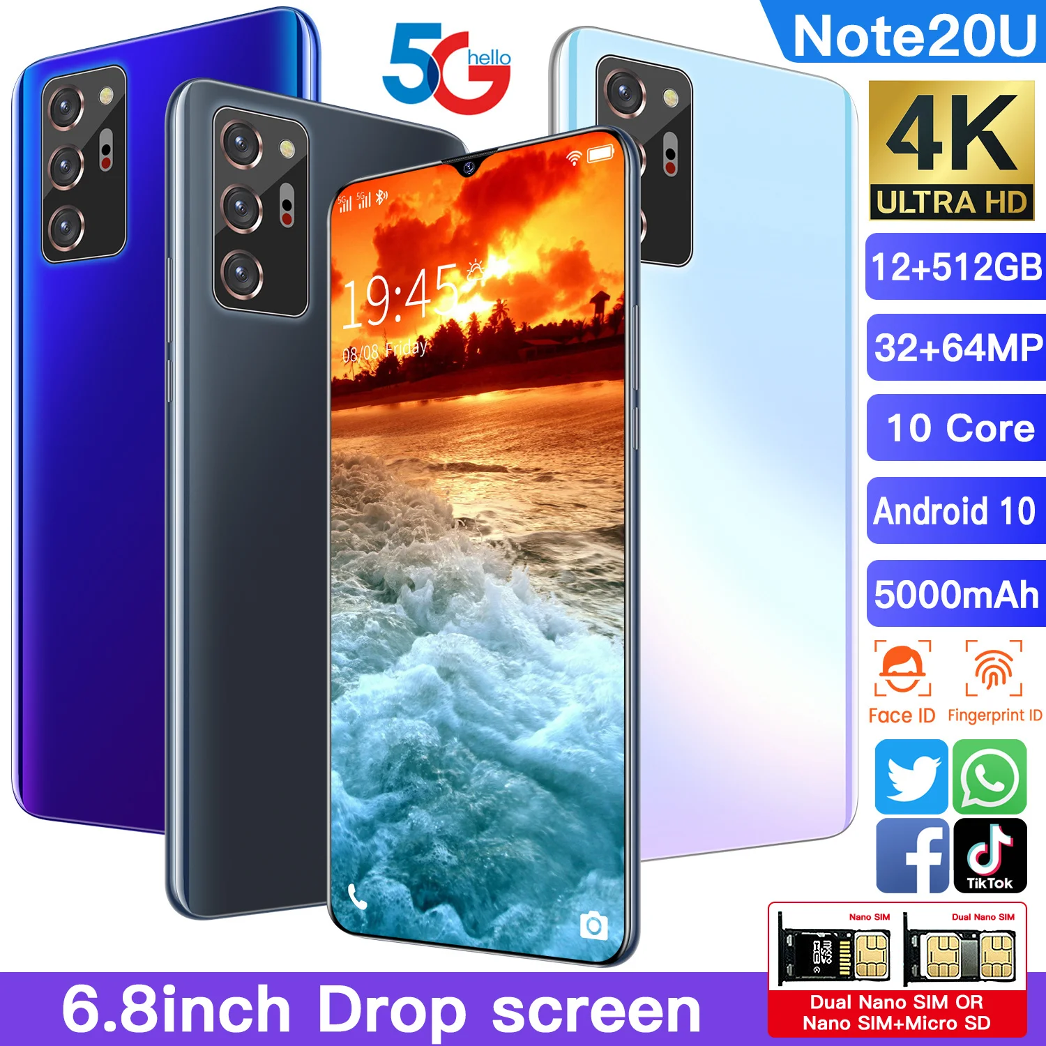 

NOTE20U 6.8Inch Drop screen HD 5G Mobile Phone Android 12GB+512GB Smartphone 32+64MP Camera 5000mAH Battery Wireless Charging