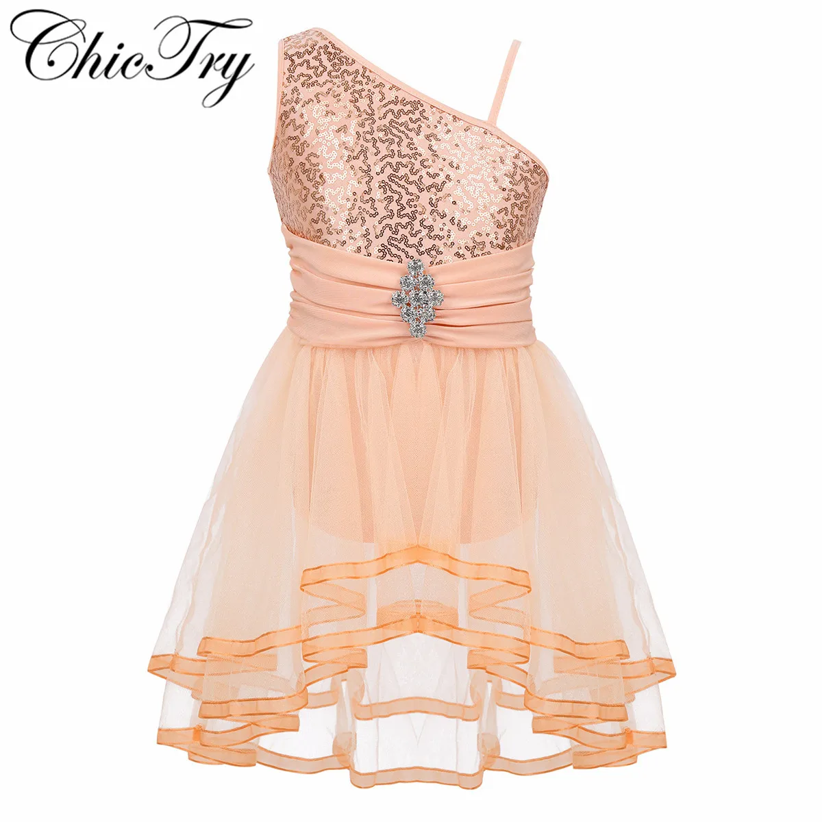 Блестками платья с лямкой на одном плече для девочек детей балетное платье