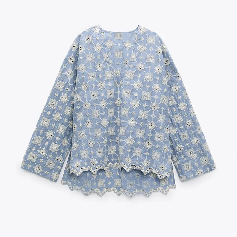 

Женская свободная рубашка DiYiG, повседневная синяя рубашка в этническом стиле ретро с V-образным вырезом и цветочной вышивкой, лето 2021