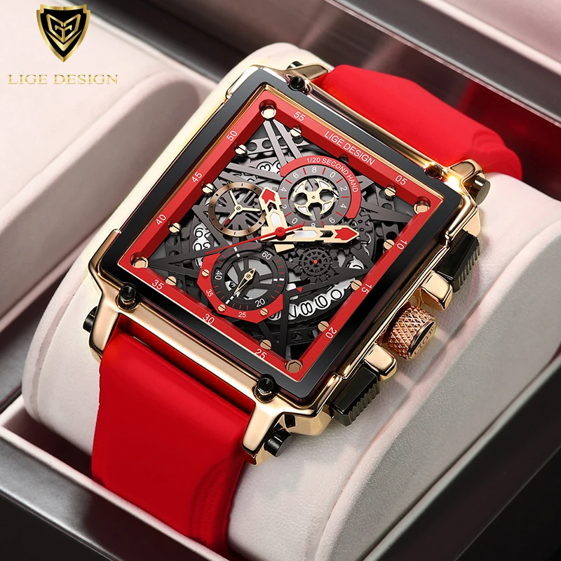 

LIGE New Square Watches For Men Top Brand Red Silicone Men Watch Luxury Waterproof Clock Male Fashion Date Quartz Wristwatch