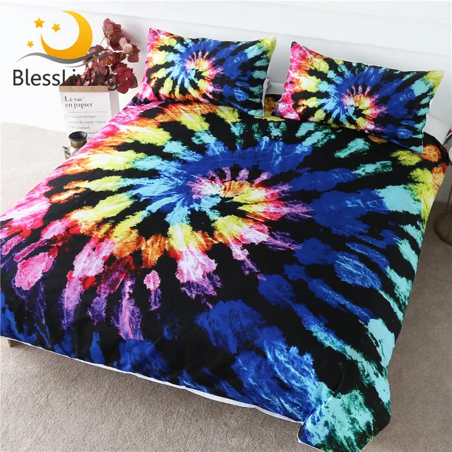 BlessLiving Tie Dye Bedding Set Luxury Colorful Tye Dye Duvet Cover Watercolor Blooming Home Textiles Stylish Bed Linen 3pcs 1