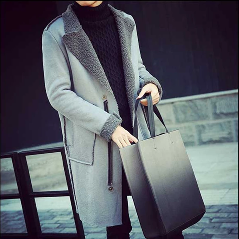 M-XXL! зимний модный мужской Тренч из овечьей кожи средней длины тренд для молодых