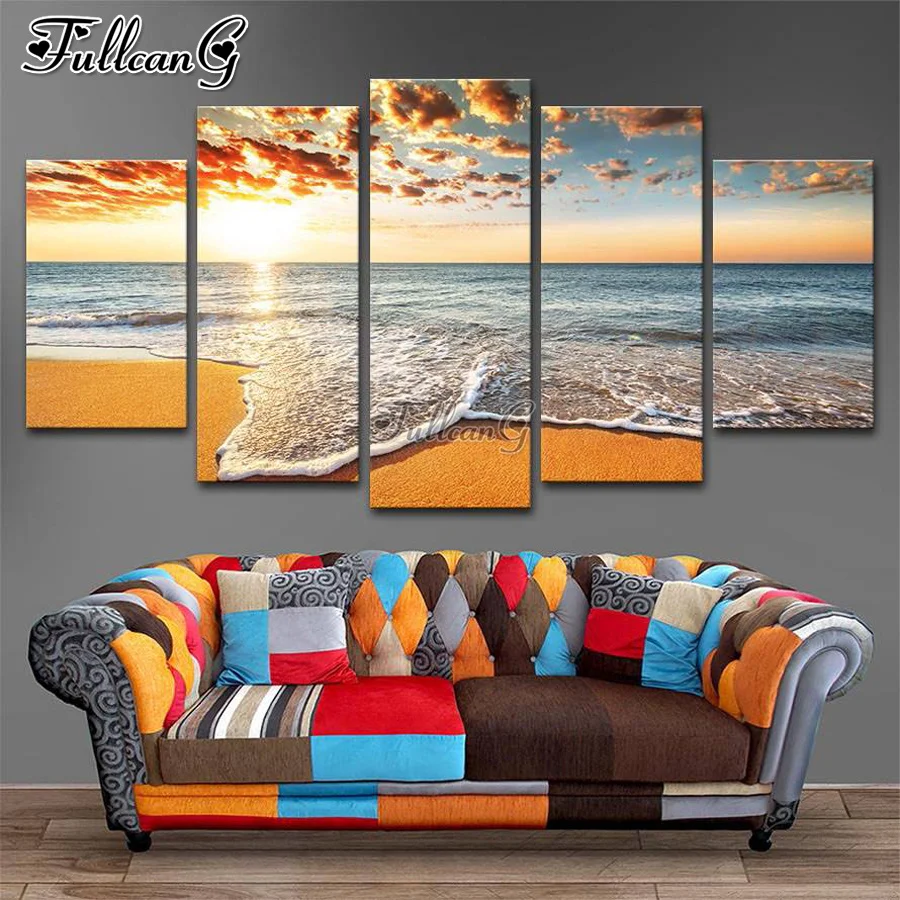 

FULLCANG Golden beach scenery 5 piece diy diamond painting large full square round mosaic embroidery multi-picture FG0406