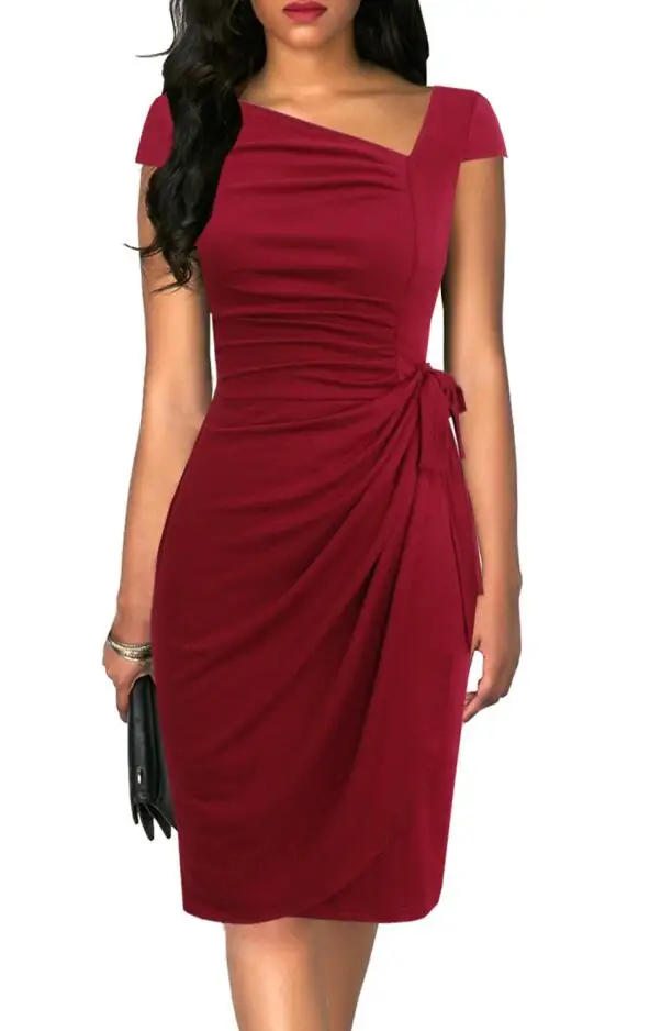 8022 Burgundy Berydress, Ретро стиль, 1950 s, с короткими рукавами, с рюшами, облегающее, облегающее, женское платье, эластичное, с поясом, коктейльное, вечерние, для работы, миди, черное платье - Цвет: 8022 Burgundy