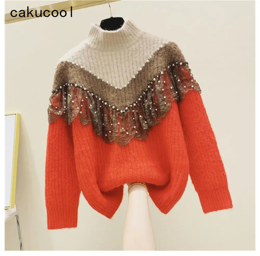 

Cakucool New Mesh Lace Patchwork Sweater Half Stand Collar Color Patch Ruffles Beading Sweater Korean Cute Girls Sweater Jumpers
