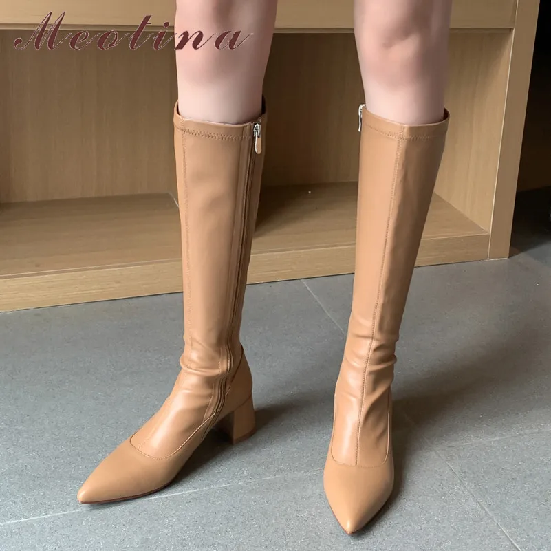 

Meotina Real Leather High Heel Long Boots Women Knee High Boots Shoes Zip Pointed Toe Block Heels Stretch Lady Boots Apricot 40