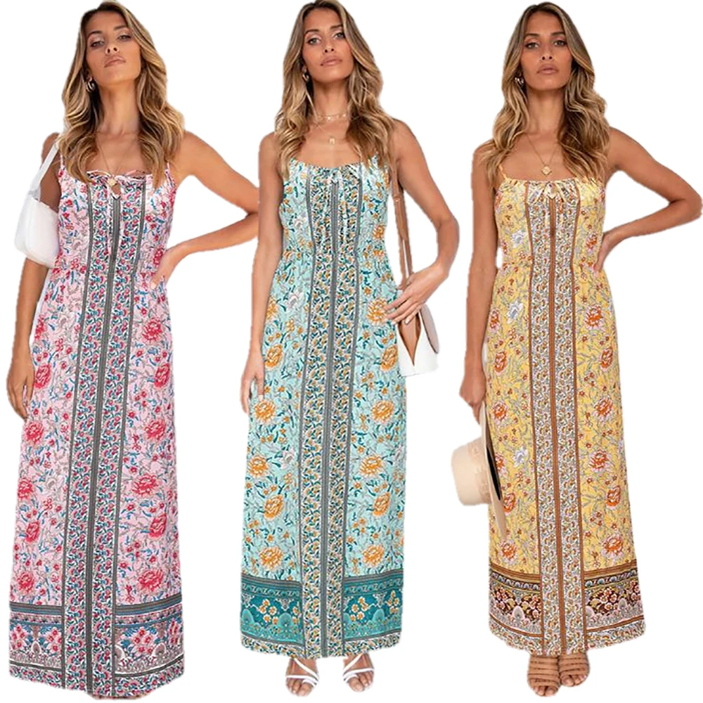 

Dress woman 2021 summer new retro temperament floral dress ladies big size sexy slim Bohemian halter belt long dress y2k