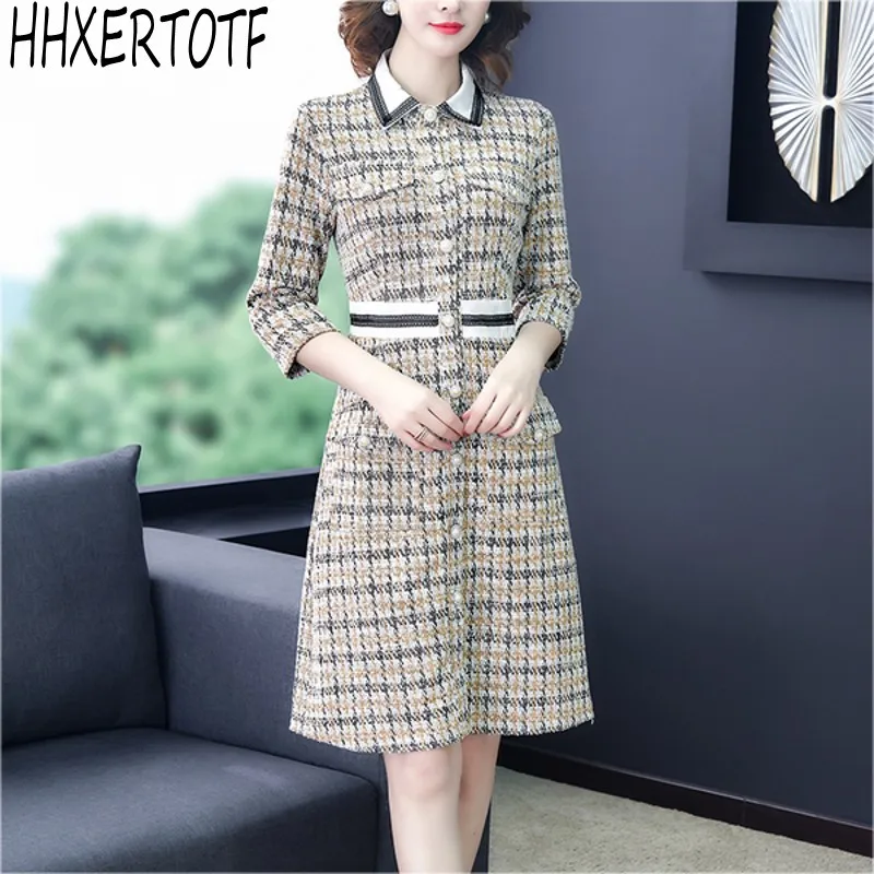 

autumn winter High Quality Vintage Elegant Tweed Dress Ladies Slim Long Sleeve Fashion Plaid Dresses