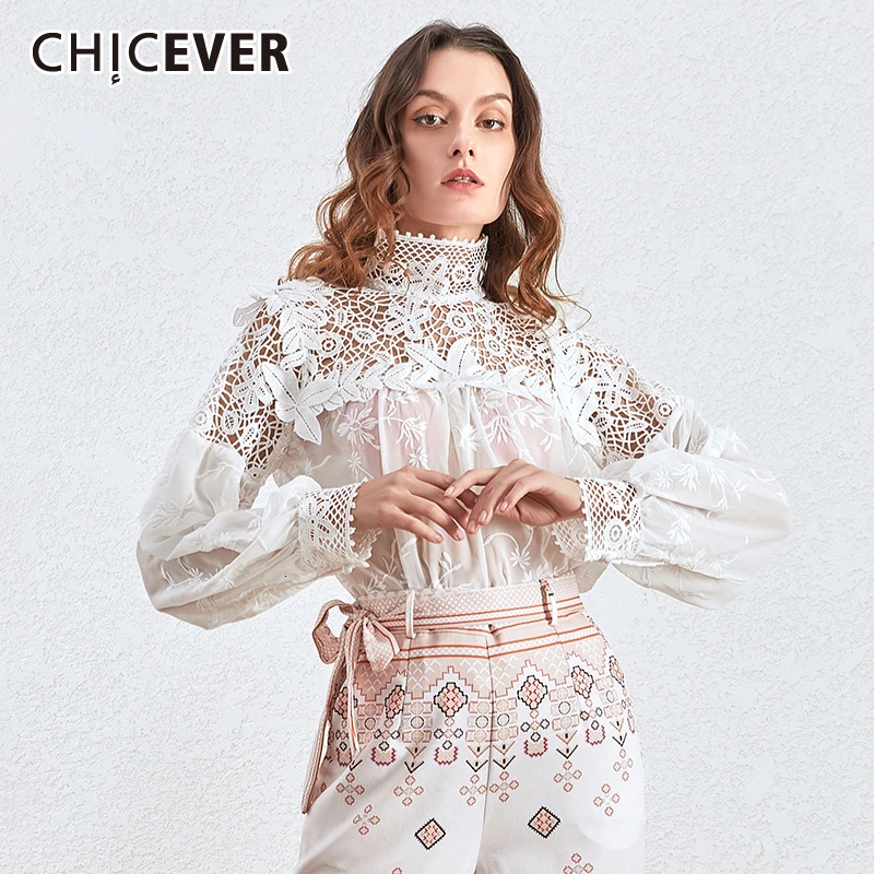 CHICEVER корейский стиль лоскутные женские рубашки с вырезами воротником стойкой и