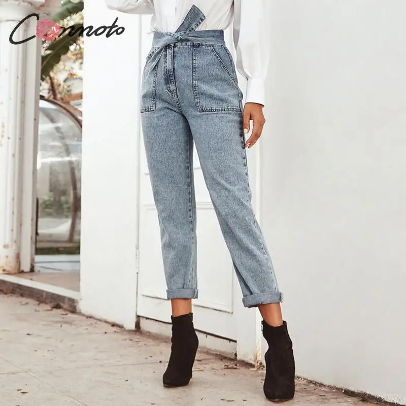 Женские повседневные джинсы с высокой талией Conmoto длинные капри узелком и