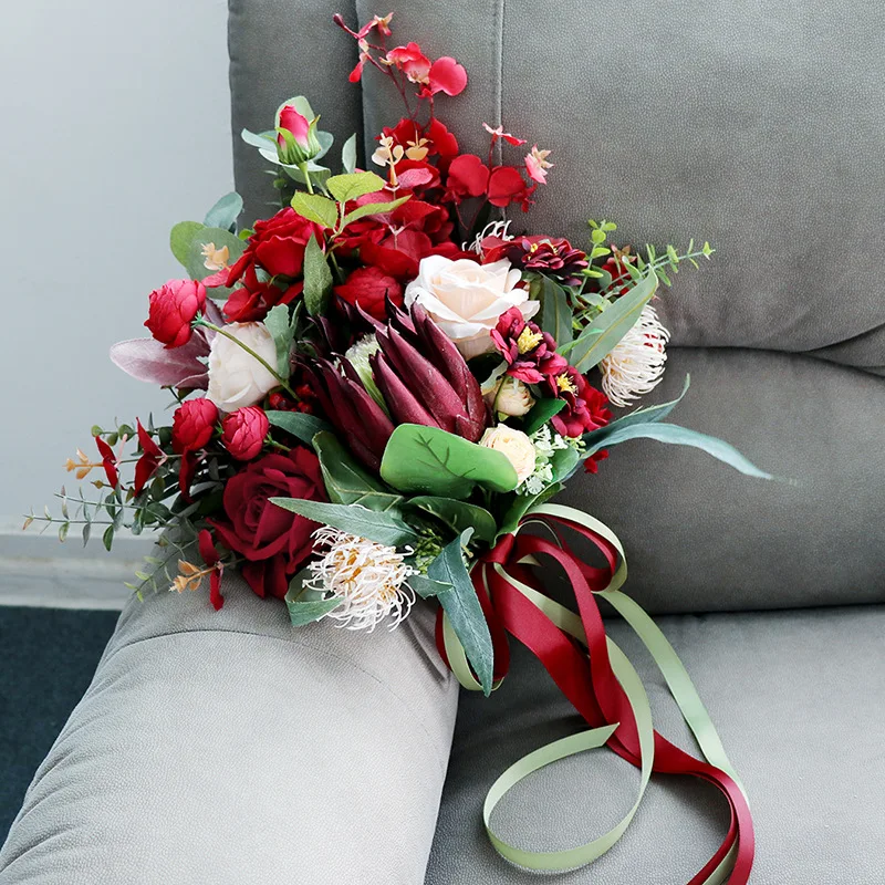 Vintage Dark Red Silk Flowers Protea cynaroides Wedding Bouquets Artificial Rose Bridal Bridesmaid Bouquet Accessories | Дом и сад