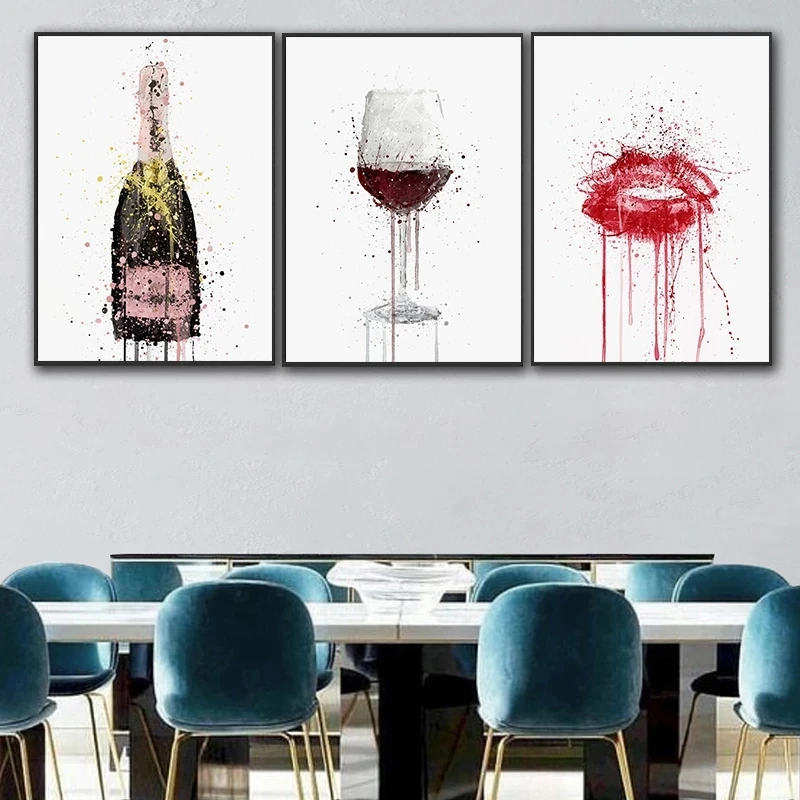 

Nordic Style Champagne Wine Bottle Canvas Painting Wall Art Watercolor Sexy Red Lip Posters And Prints For Home Decor Cuadros