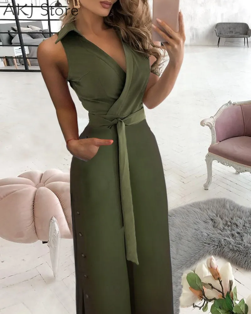 

Women Casual Sleevless Button Pocket Design Tied Detail Slit Jumpsuit